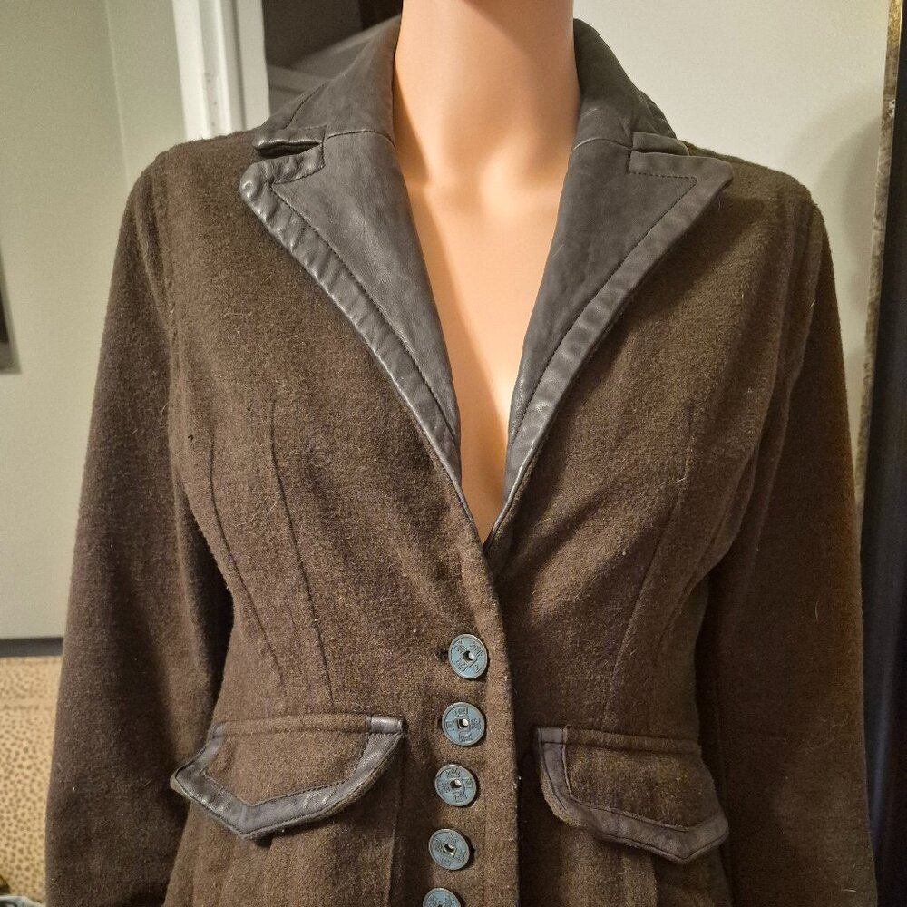 Vintage Da Nang Wool Jacket with Leather Trim. Color Army Green.  Size:  Small